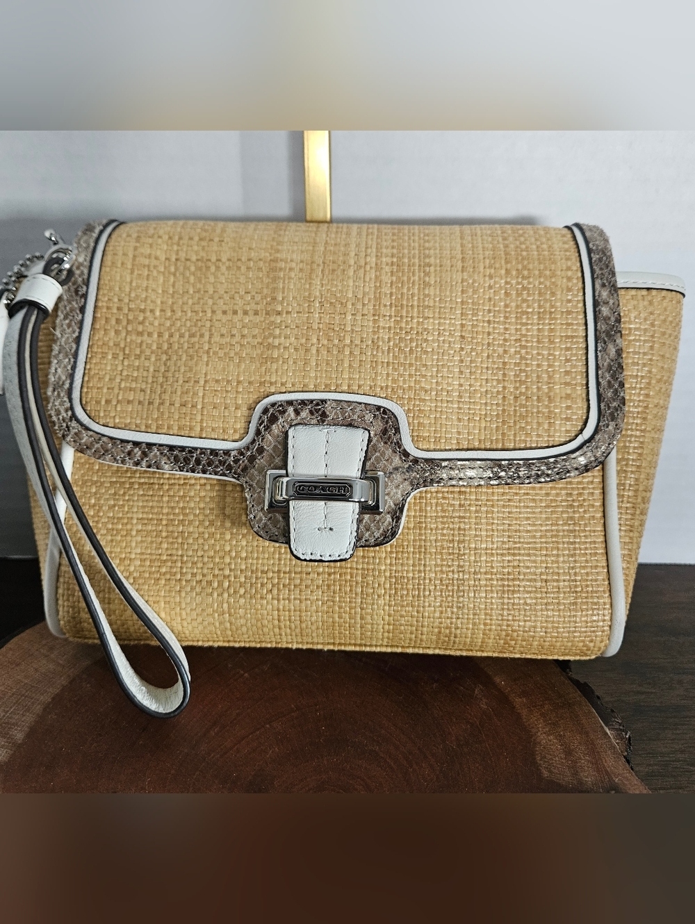 Coach Taylor City Natural Straw & Python Clutch Wristlet